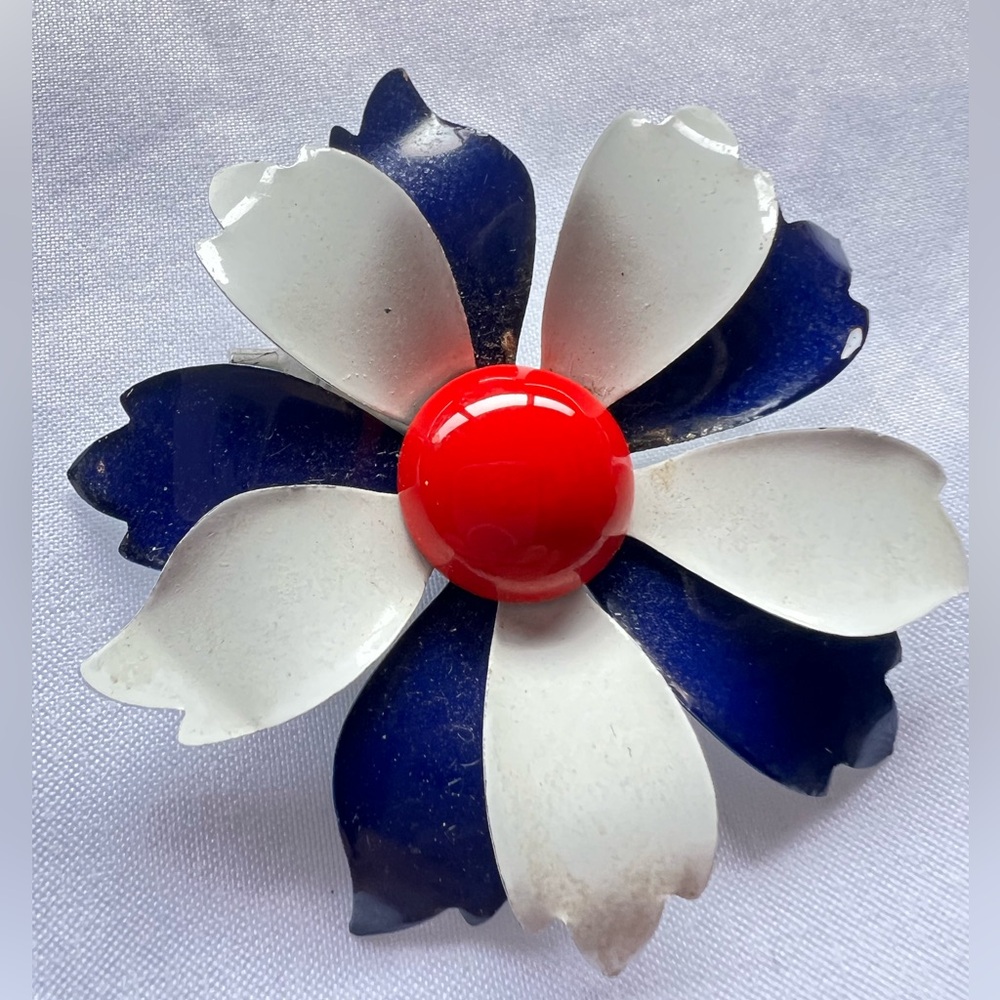 Vintage Painted Enamel Flower Navy, Red, White Statement Brooch/ Pin (D2)
